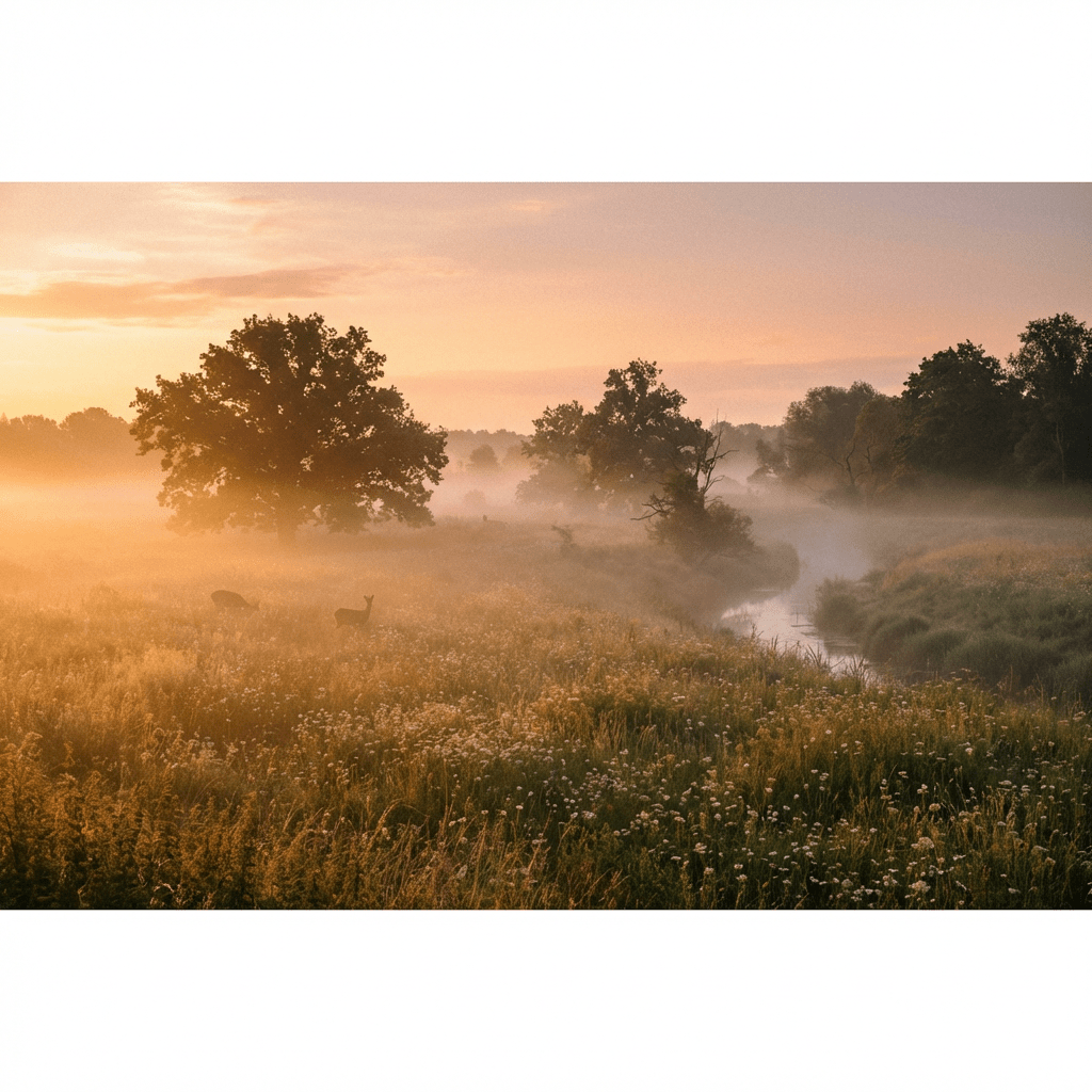 Two deer graze in a misty wildflower meadow by a winding stream at sunrise.