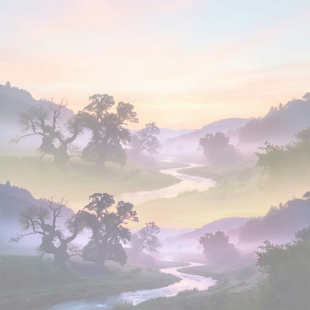Glowing orbs connected by light strands float over a misty valley under a starry sky.