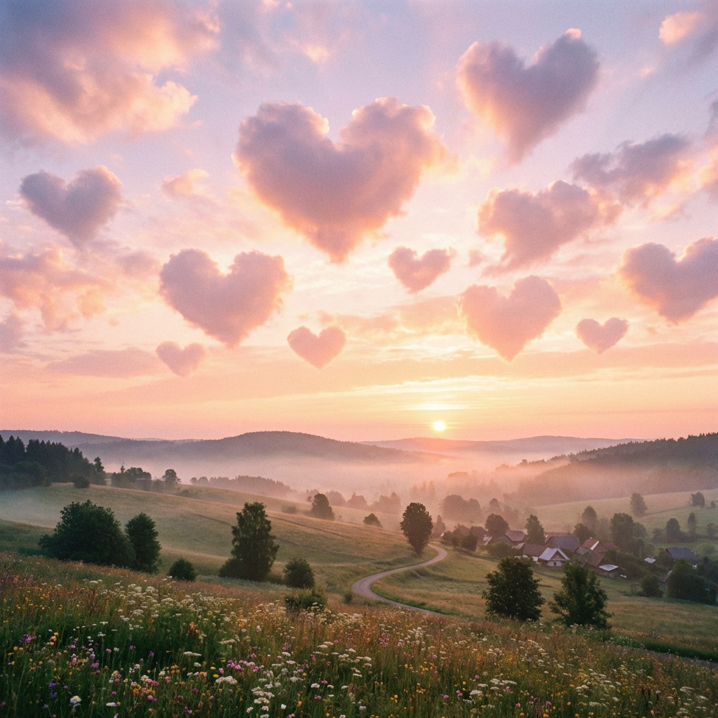 Heart-shaped clouds float above a misty rural valley at sunrise.