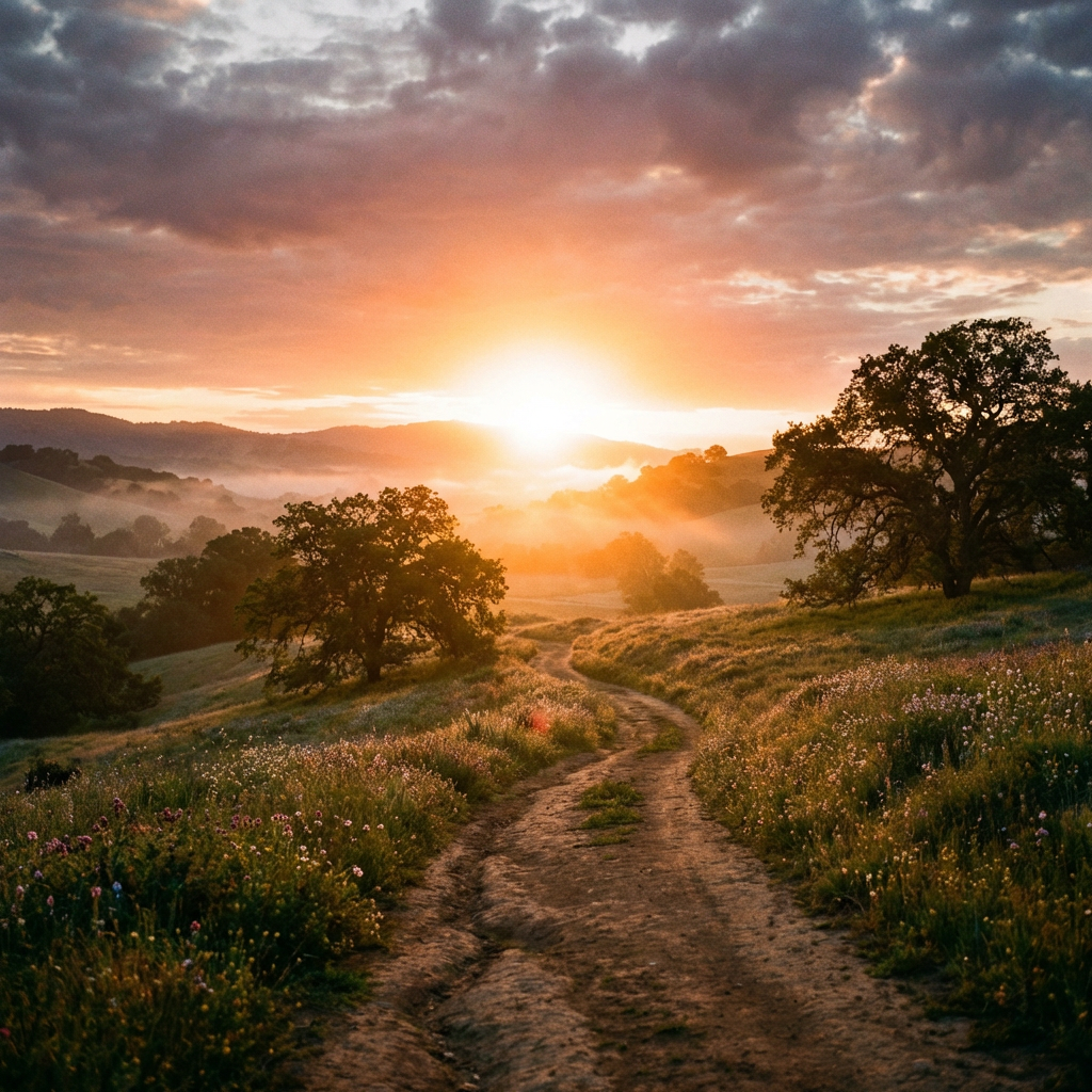 Winding dirt path through rolling green hills during a vibrant, misty sunrise.
