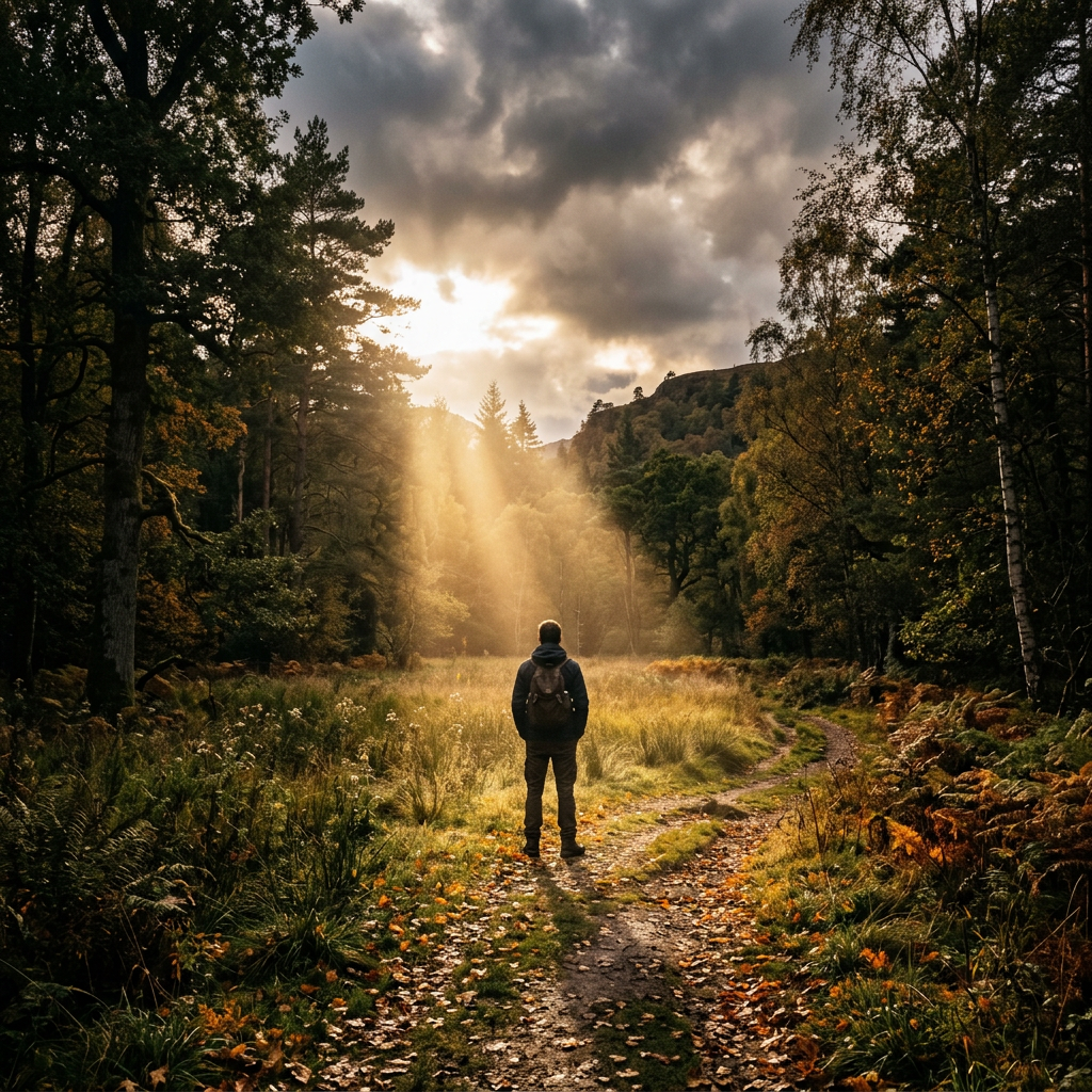 Person standing on forest trail with sunlight streaming through trees