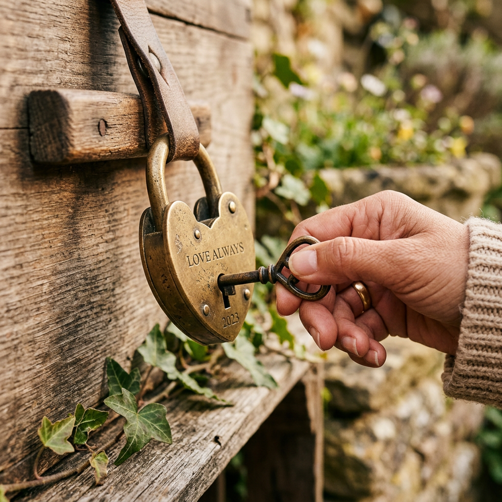 Hand holding key unlocking heart-shaped padlock engraved with LOVE ALWAYS 2023