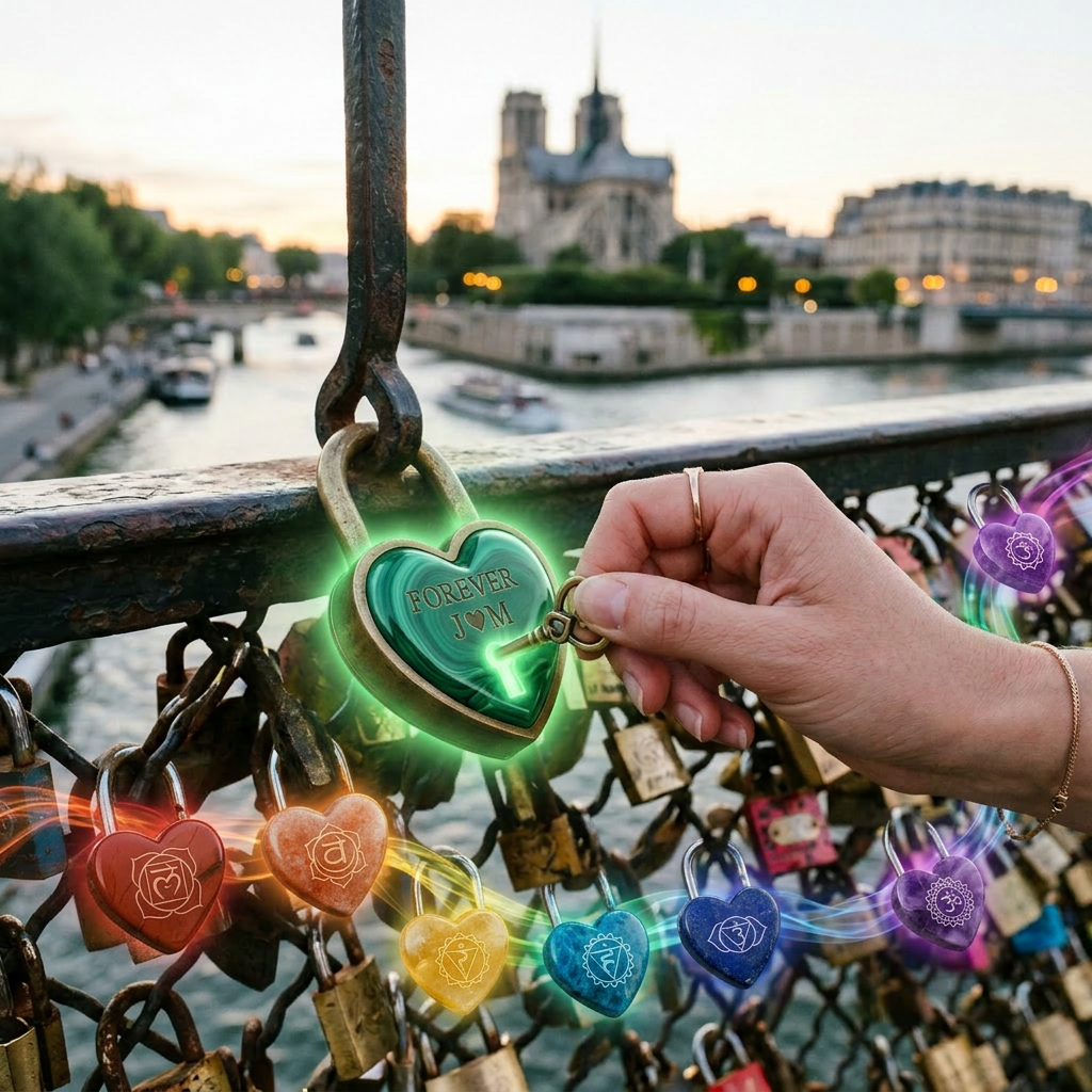 Hand holding key to heart-shaped lock engraved FOREVER J&M on bridge railing with other love locks