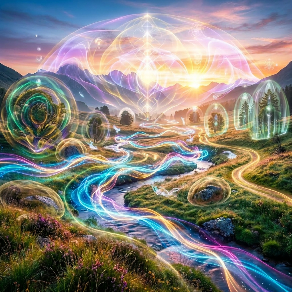 Mountain valley at sunset with a glowing, colorful stream flowing through it