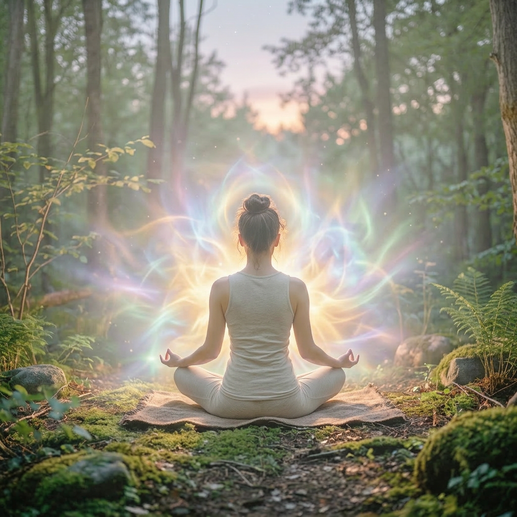 Silhouette of person meditating with colorful glowing aura in forest