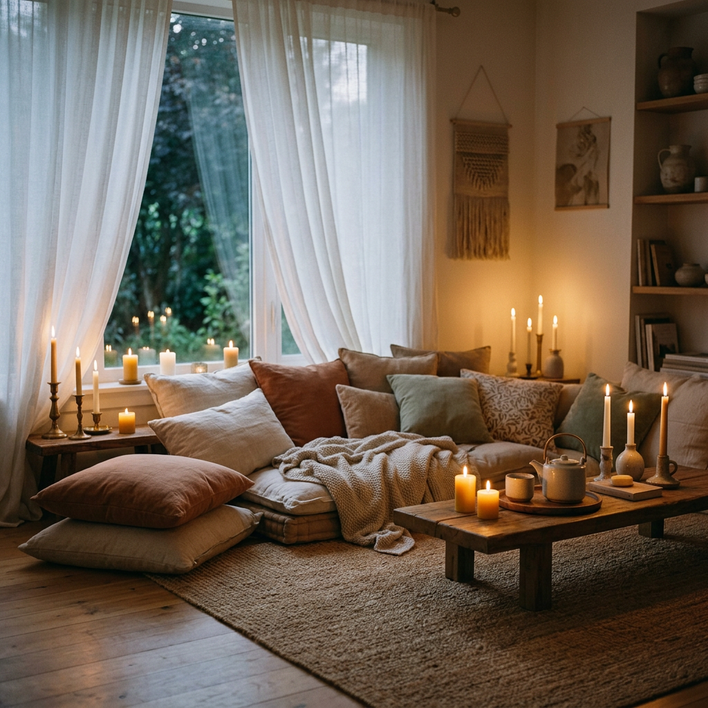 Living room with cushions, candles, and a tea set on a wooden table