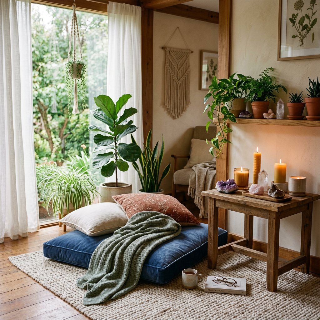 Cozy indoor relaxation nook with cushions, plants, candles, and natural light