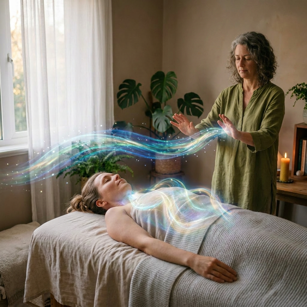 Practitioner performing energy healing over a client lying on a massage table