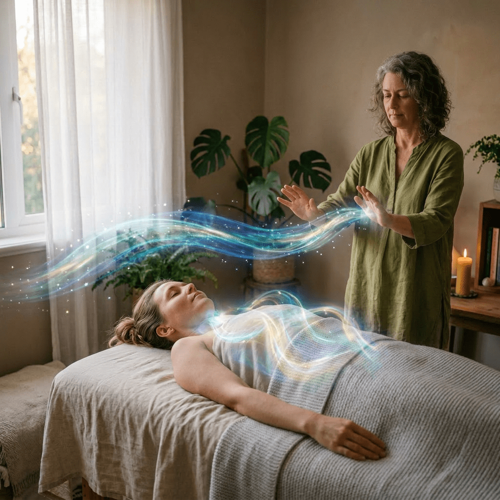 Practitioner performing energy healing over a client lying on a massage table