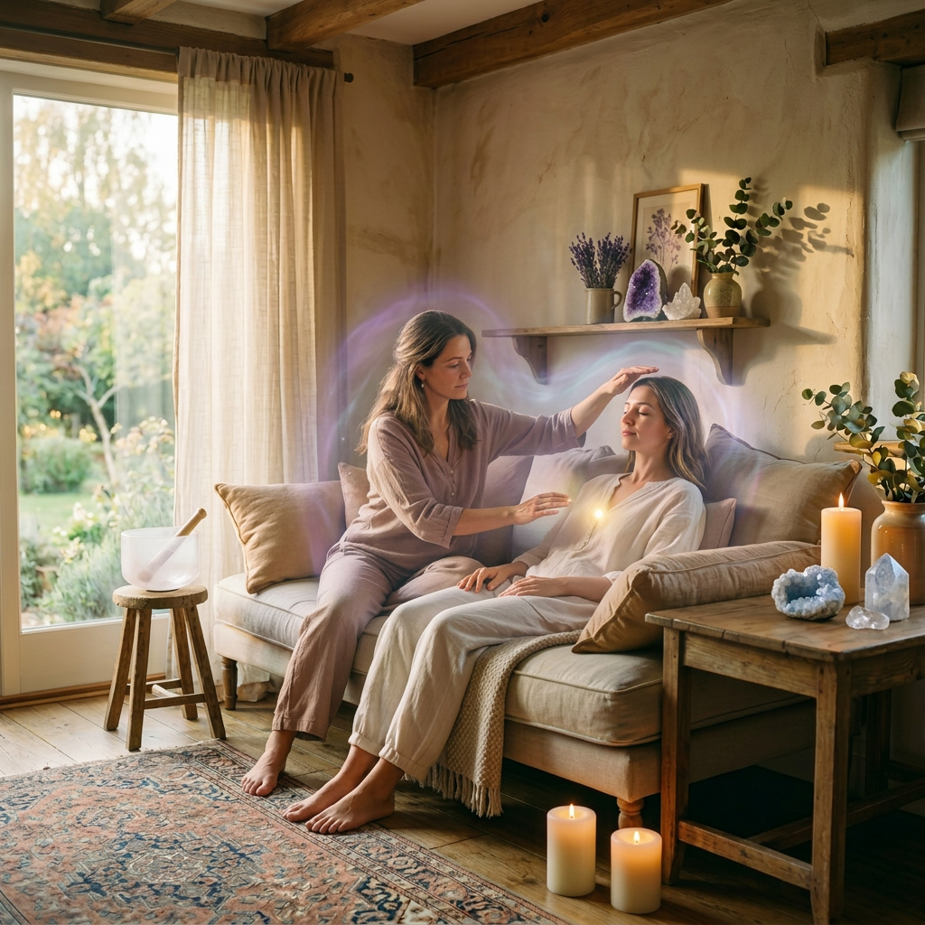 Two women sitting on a couch during an energy healing session with glowing light effects