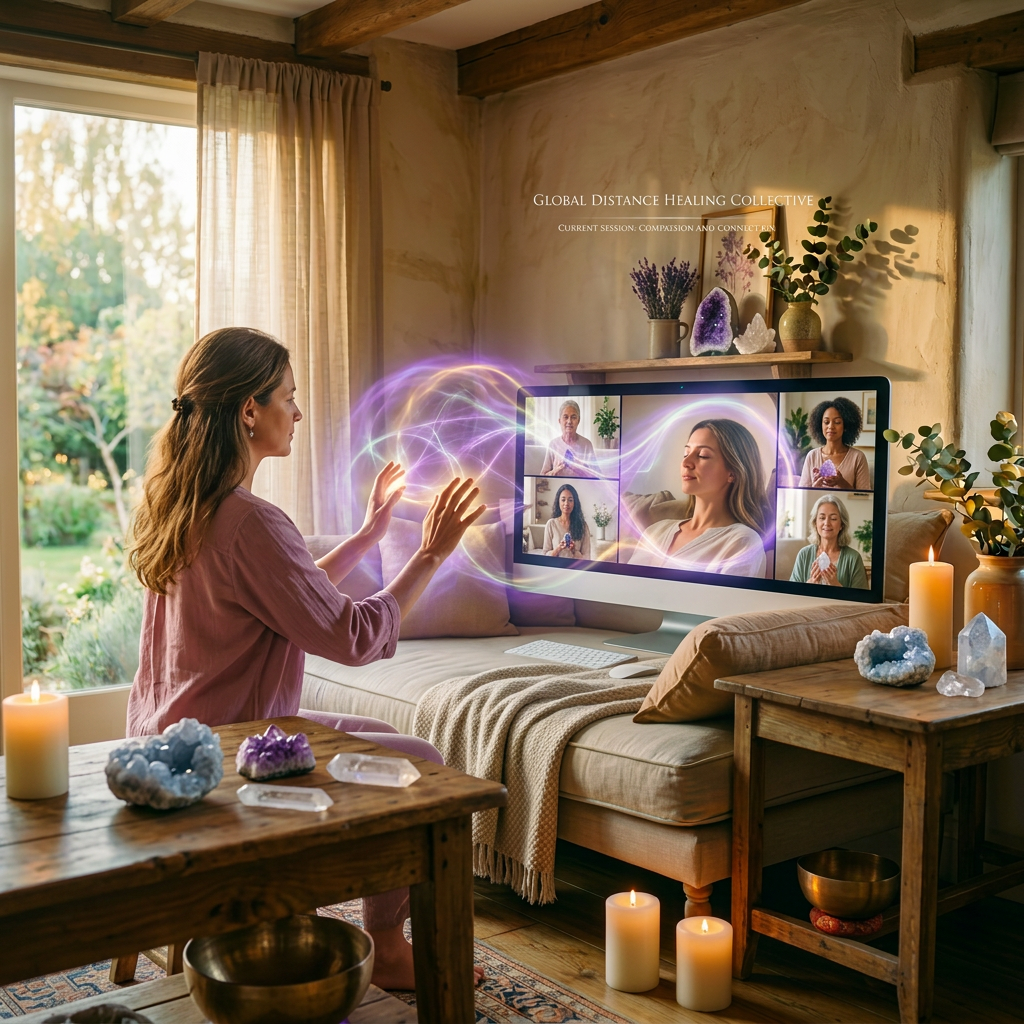 Woman engaging in virtual group healing session with energy flow graphics on screen
