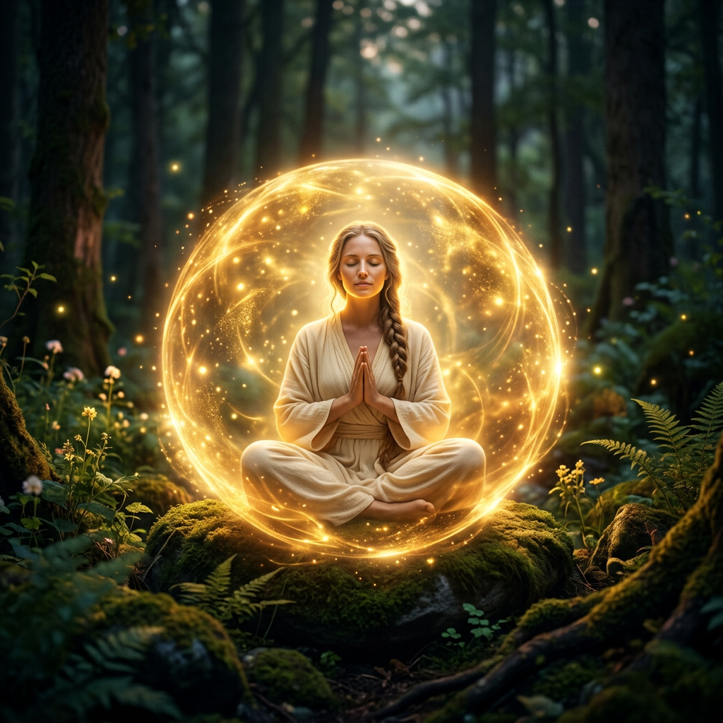 Woman meditating cross-legged inside a glowing golden energy sphere in a forest