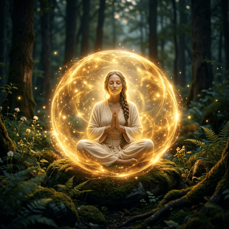 Woman meditating cross-legged inside a glowing golden energy sphere in a forest