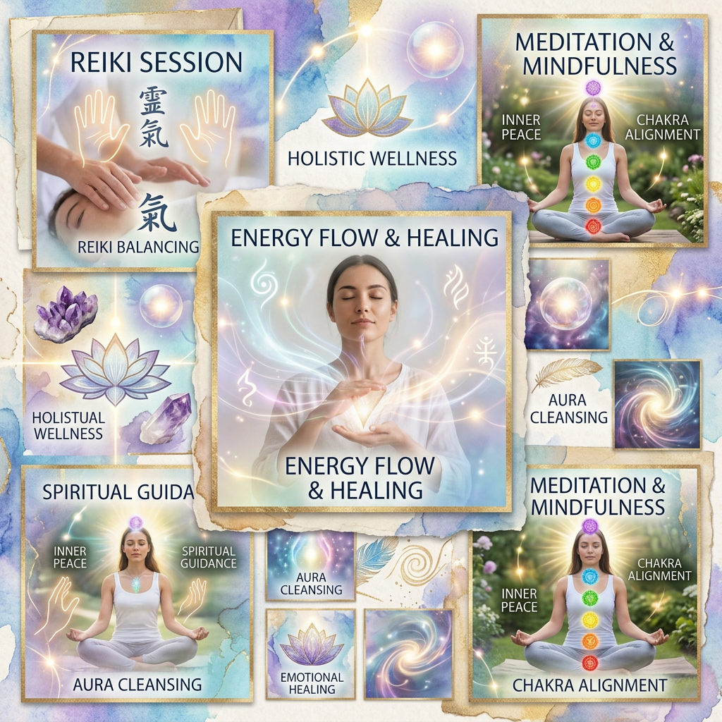 Collage featuring Reiki session, meditation with chakra alignment, aura cleansing, and energy flow healing concepts