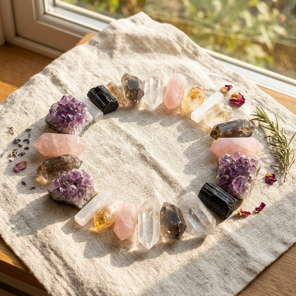 Circle of various healing crystals and stones on a beige cloth