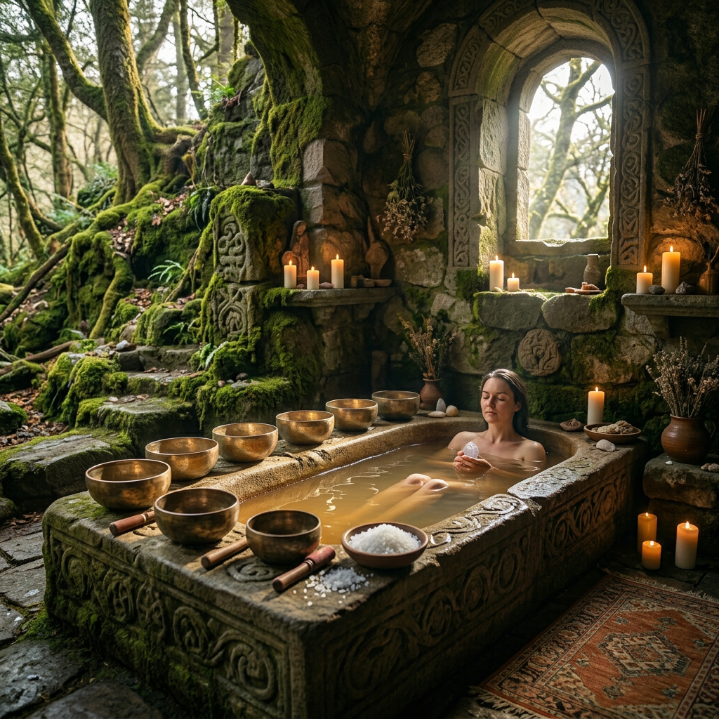 Woman receiving a ritual bath with sound bowls and smoke cleansing in a stone room surrounded by candles