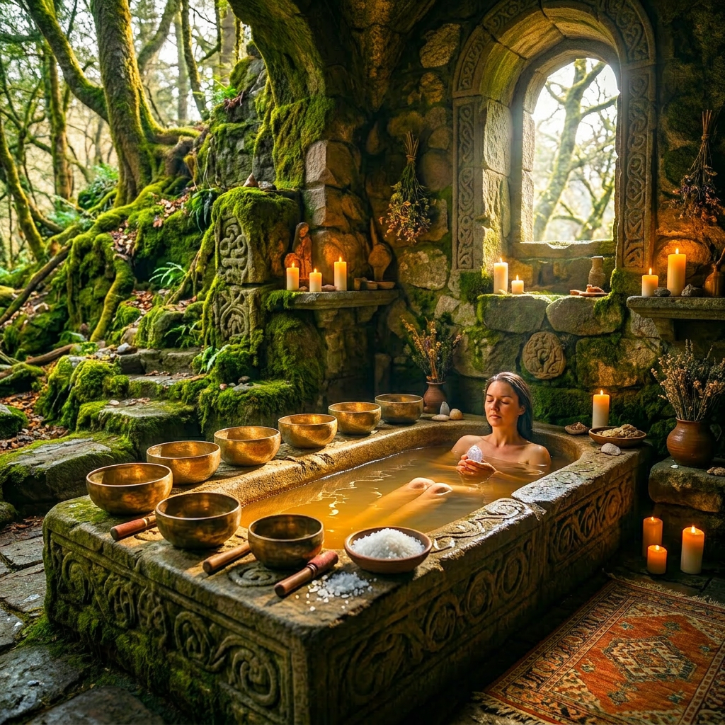Woman receiving a ritual bath with sound bowls and smoke cleansing in a stone room surrounded by candles