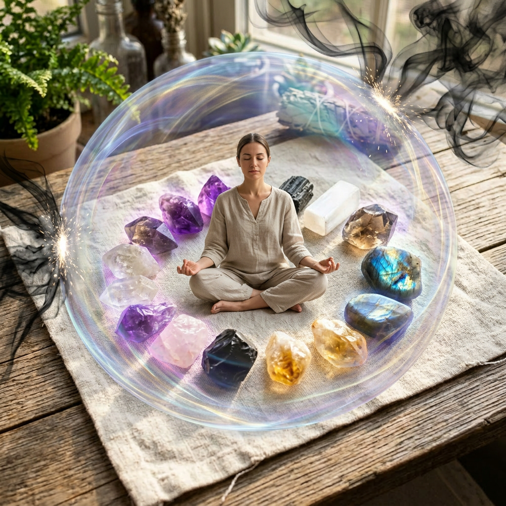 Circle of assorted healing crystals arranged on cloth with smudge stick nearby