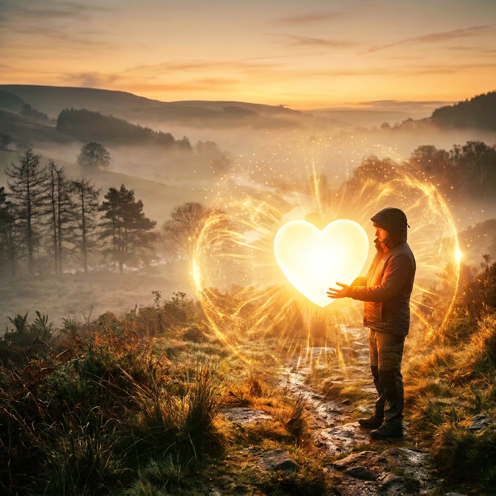 Person on a foggy trail holding a glowing orange heart-shaped light