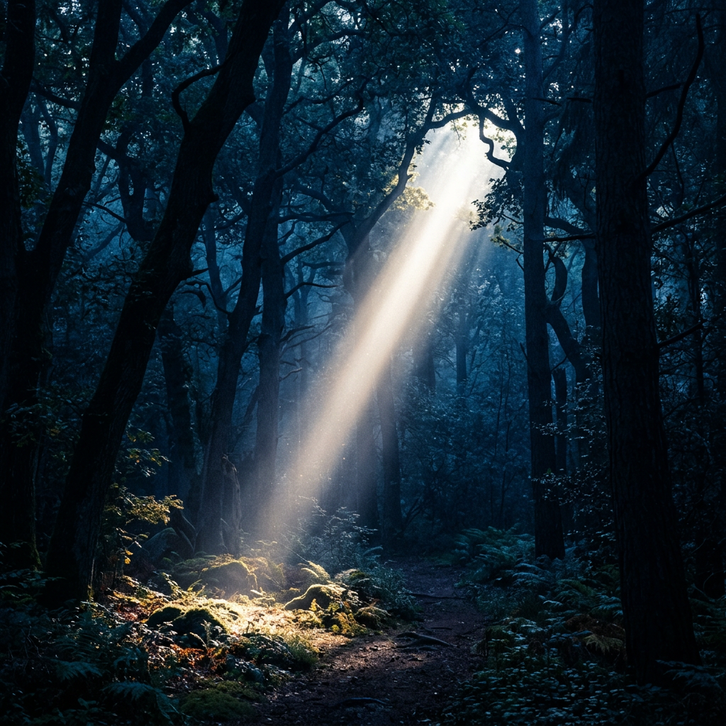 Sunlight beam illuminating mossy forest floor through dense trees