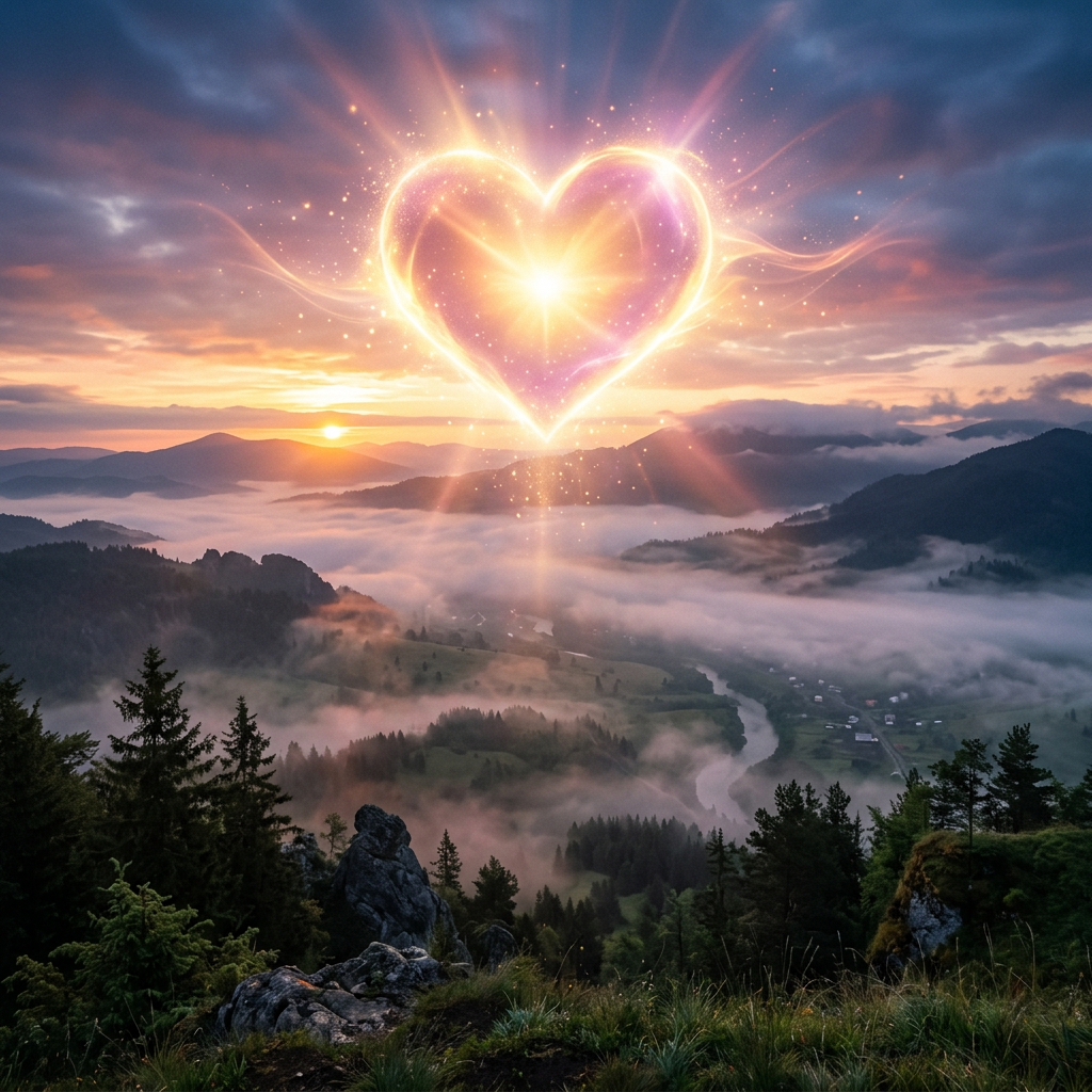 Glowing heart-shaped light floating above foggy mountain valley at sunrise