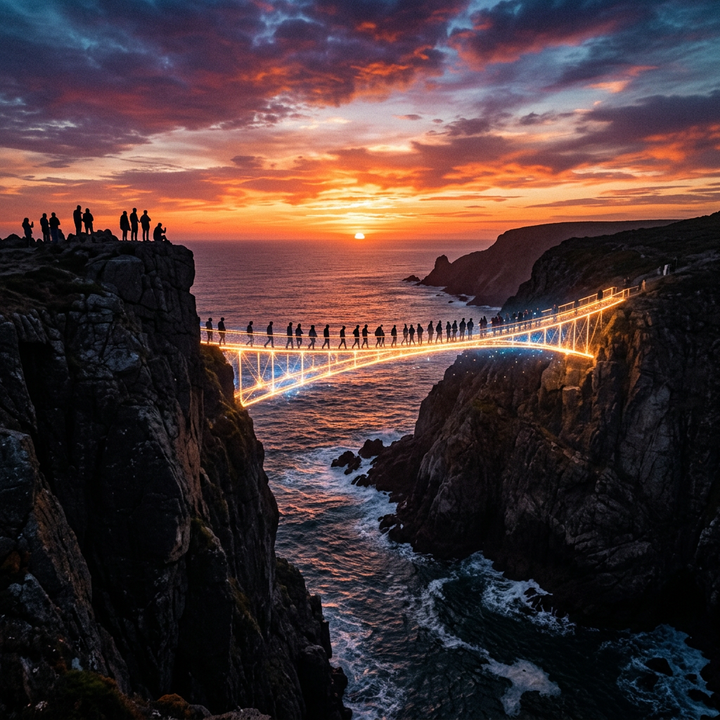 People walking on a brightly lit suspension bridge spanning two cliffs above the ocean at sunset