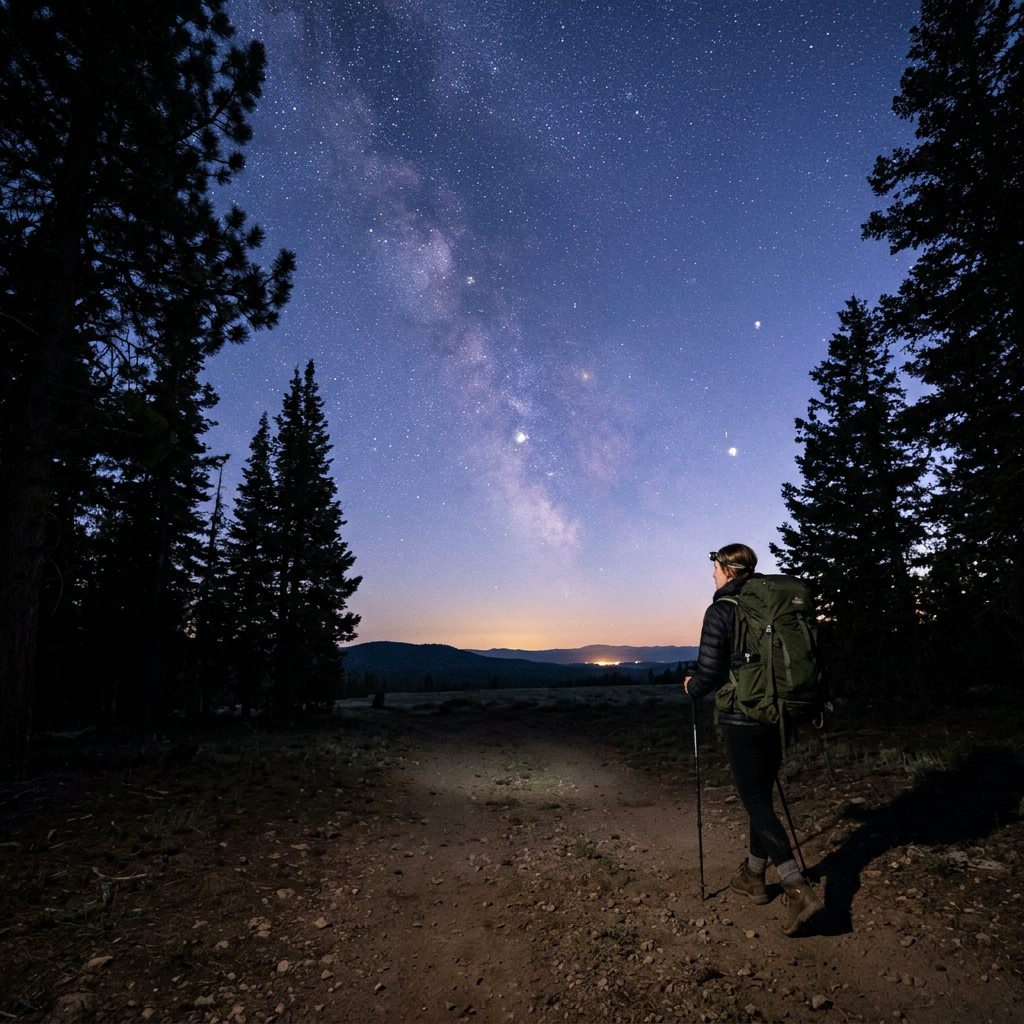 Hiker with backpack and headlamp on a dirt trail at night looking at starry sky and Milky Way