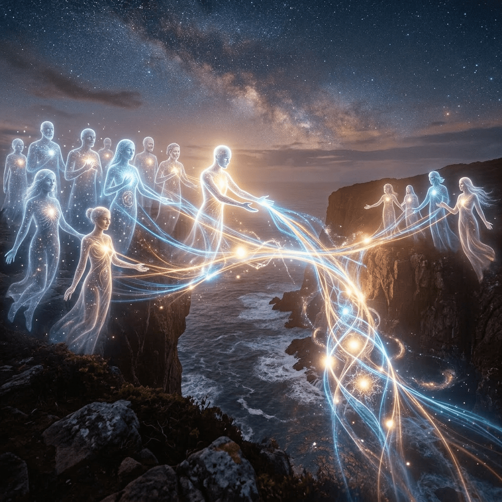 Glowing translucent figures linking radiant energy streams between two cliffs at night