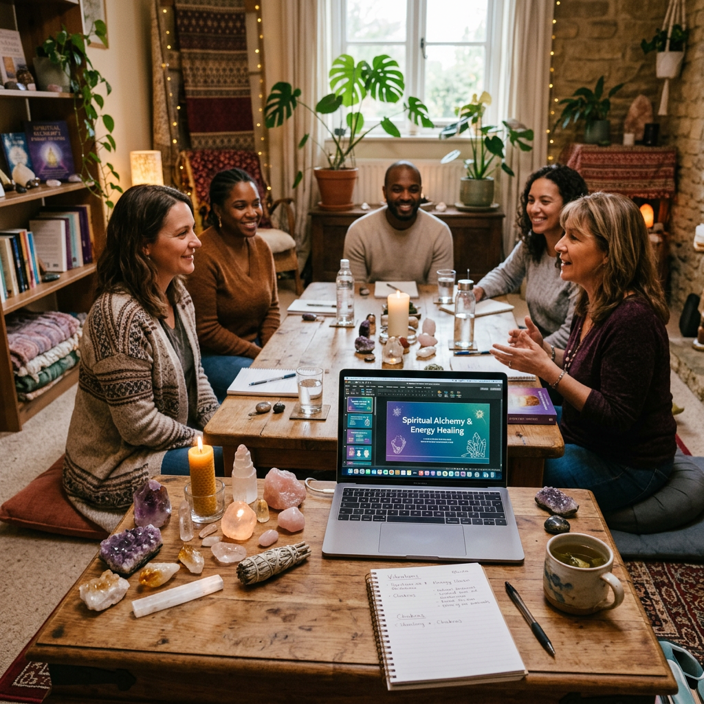 Five people sitting around a table with crystals, candles, and a laptop showing 'Spiritual Alchemy & Energy Healing' presentation