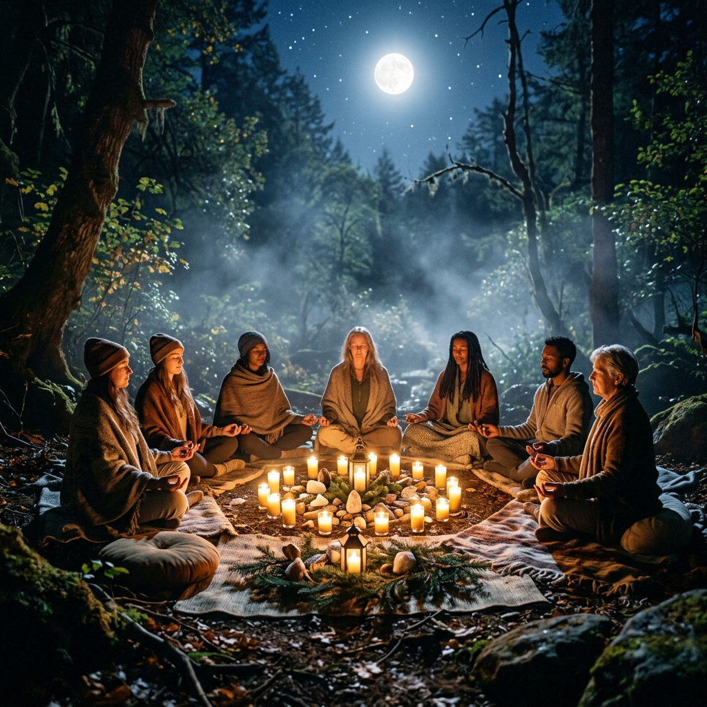 Seven people sitting in a circle meditating outdoors at night around lit candles and lanterns beneath a full moon
