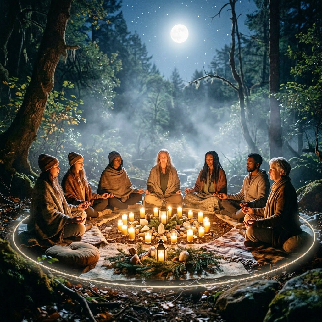 Seven people sitting in a circle meditating outdoors at night around lit candles and lanterns beneath a full moon