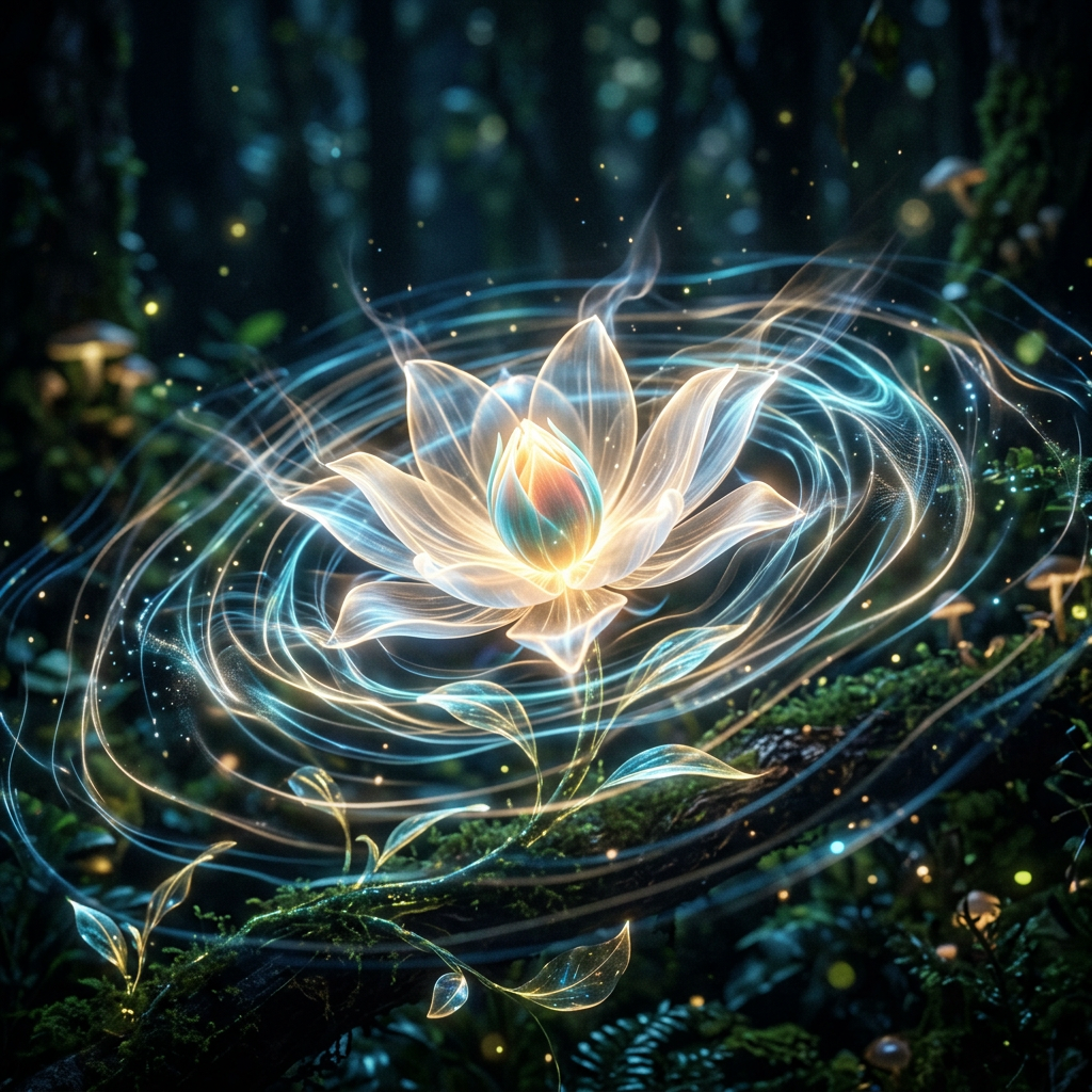 Glowing ethereal lotus flower with swirling light patterns in a dark forest