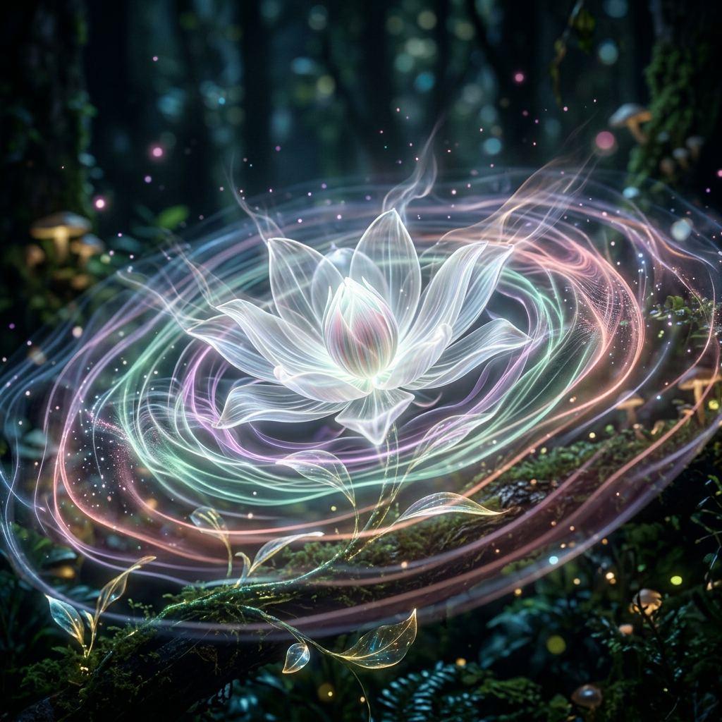 Glowing white lotus flower surrounded by swirling colorful energy rings in a dark forest