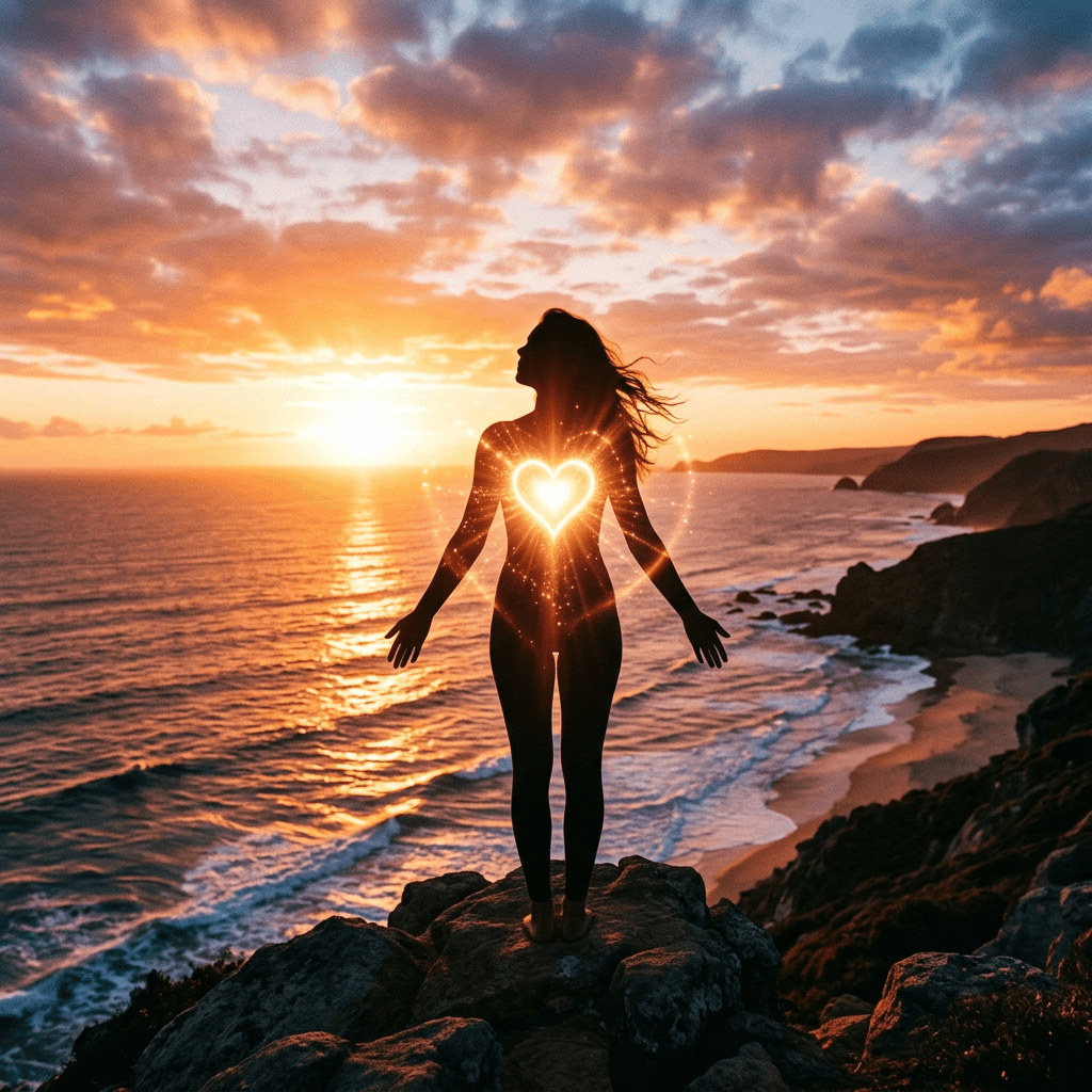 Silhouette of a person with glowing heart symbol on chest standing on rocky cliff at sunset over ocean