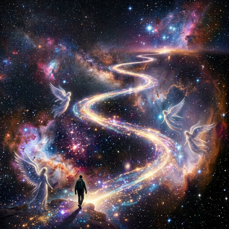 A glowing winding light path through colorful stars and nebula clouds in space