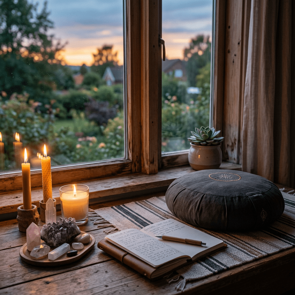 Meditation setup with candles, crystals, open journal, and cushion by window at sunset