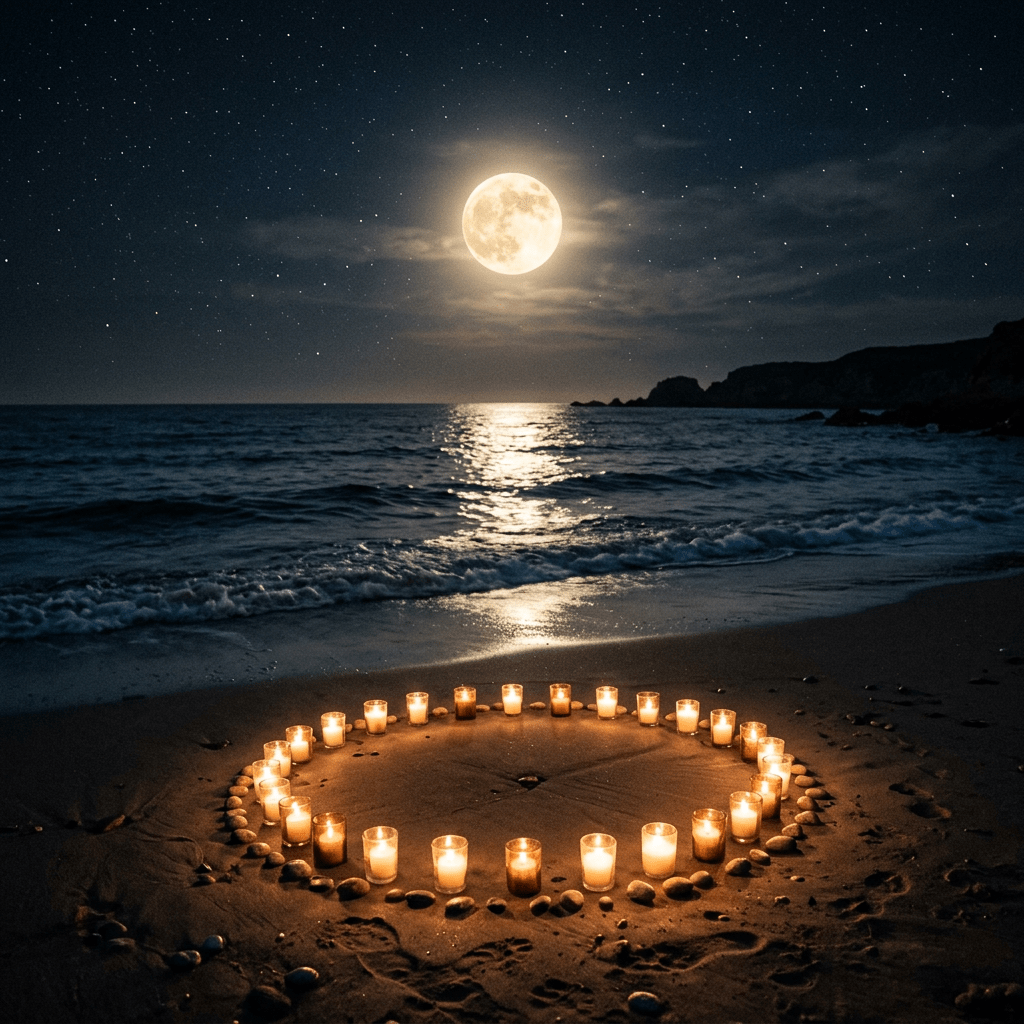 Circle of lit candles on sandy beach at night with full moon over ocean