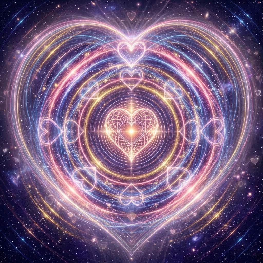 Concentric rings of blue, pink, and yellow light radiating from a central point with stars scattered in the background