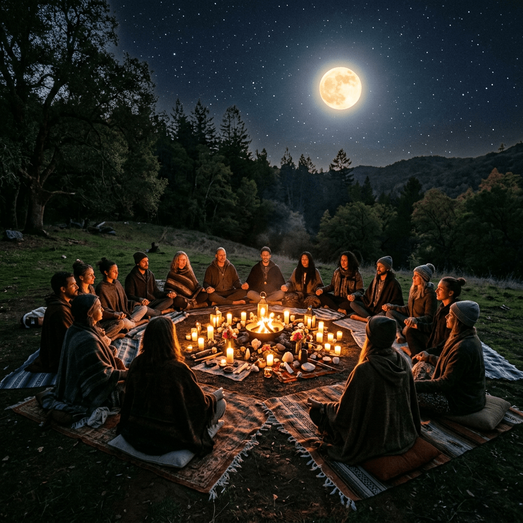 Group seated in a circle outdoors holding hands around candles and a fire under a full moon