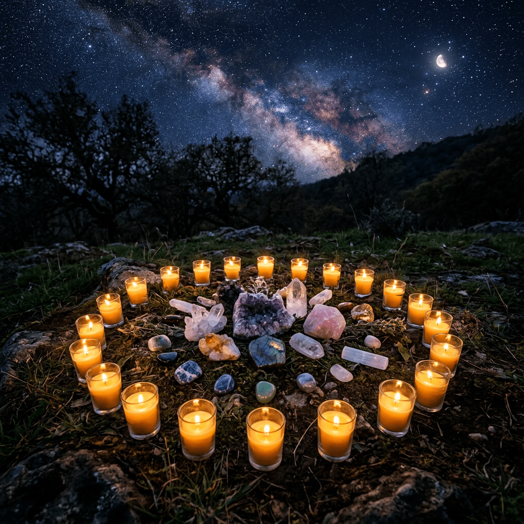 Circle of lit candles encircling various crystals outdoors at night with the Milky Way visible