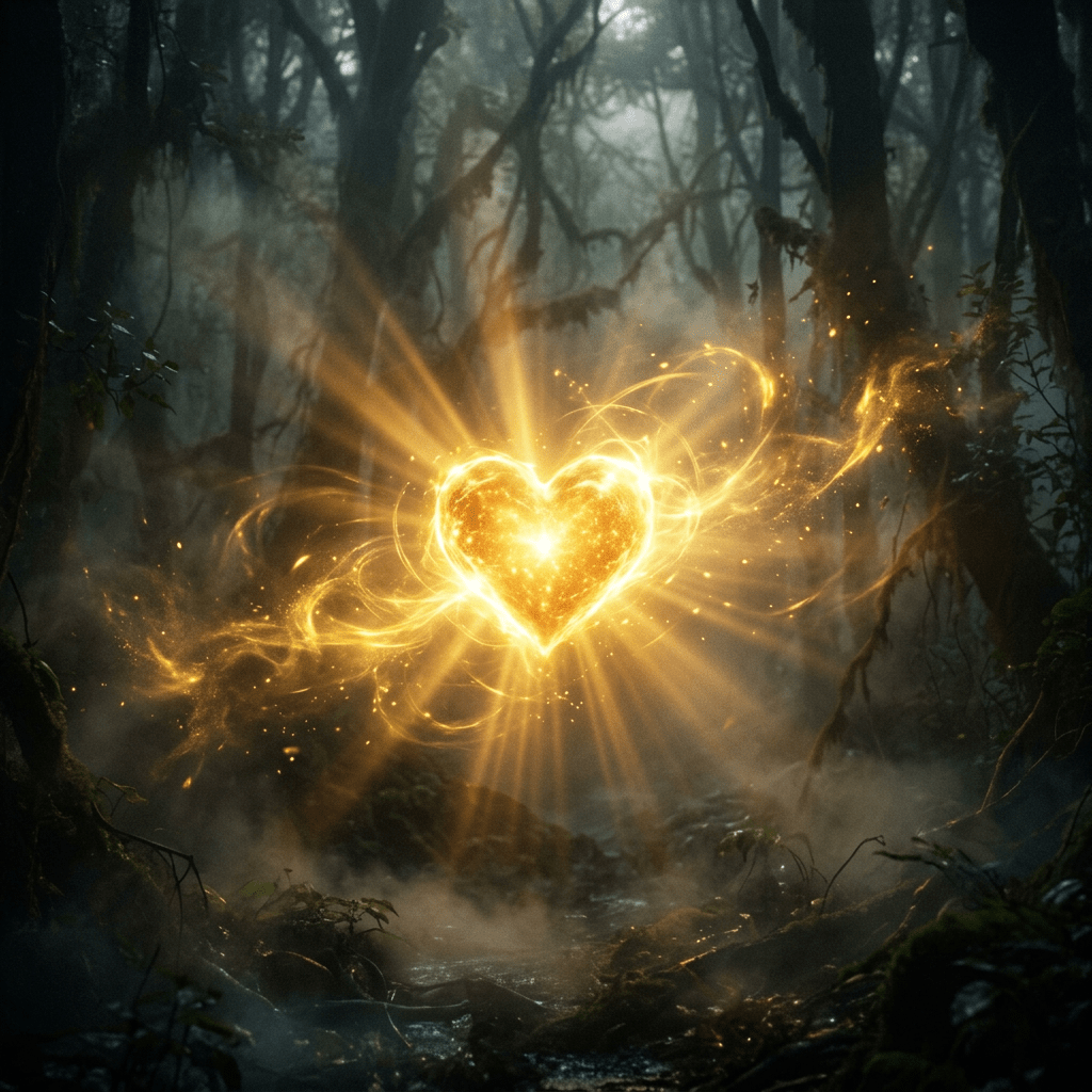 Glowing golden heart with light rays in dark misty forest