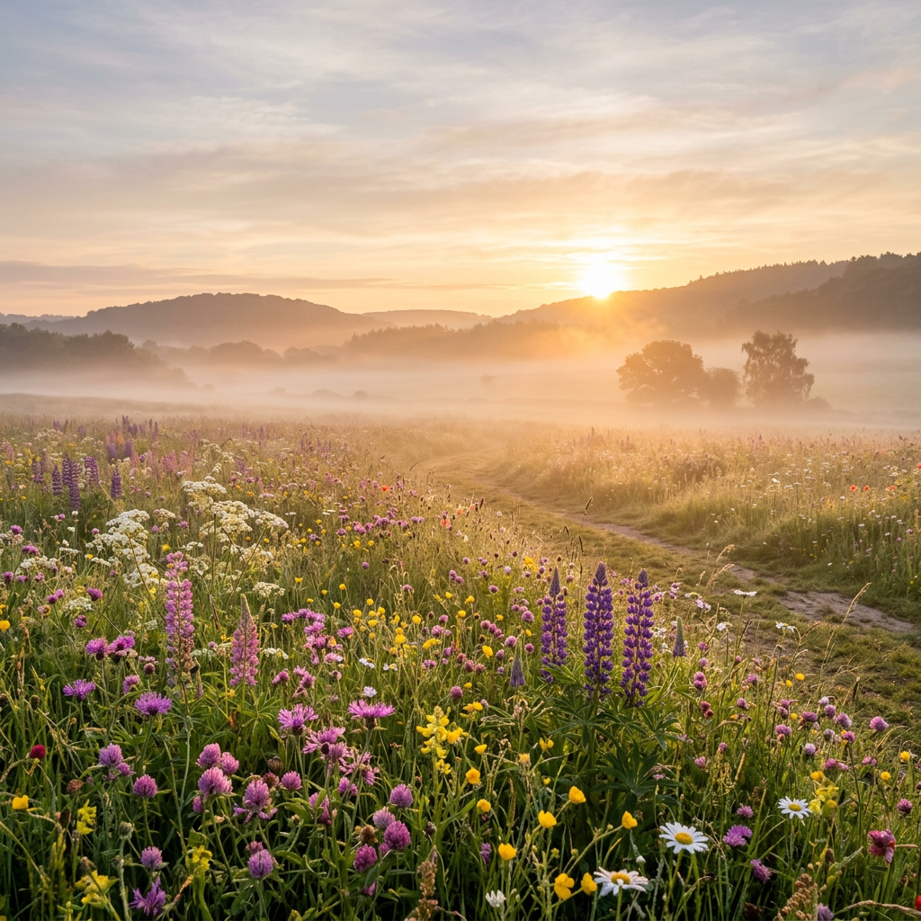 Wildflower meadow with pink, purple, yellow, and white flowers next to a dirt path at sunrise with mist and distant hills