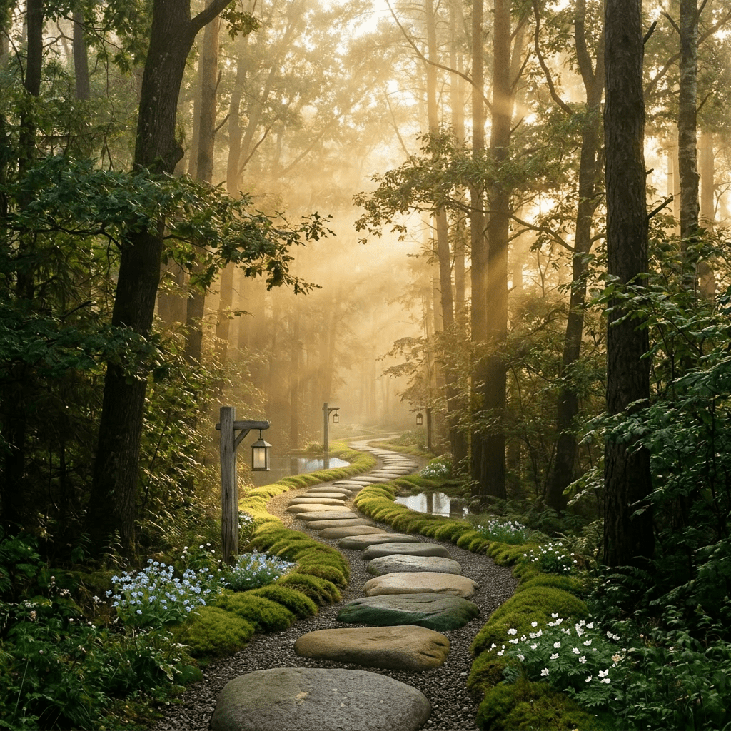 Forest path surrounded by tall trees with sunlight filtering through morning mist