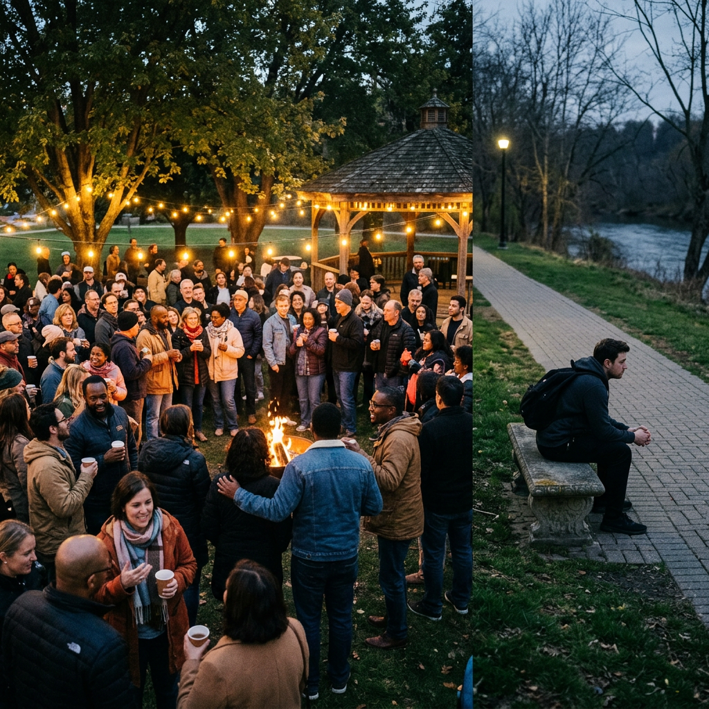 Crowd enjoying an outdoor evening party around a firepit and a solitary man sitting on a bench near a river