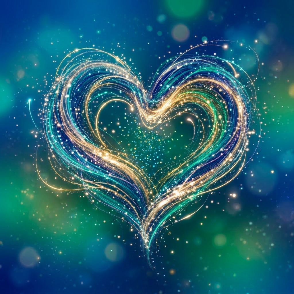 A heart shape formed by glowing pastel-colored light streaks and sparkles on a soft gradient background