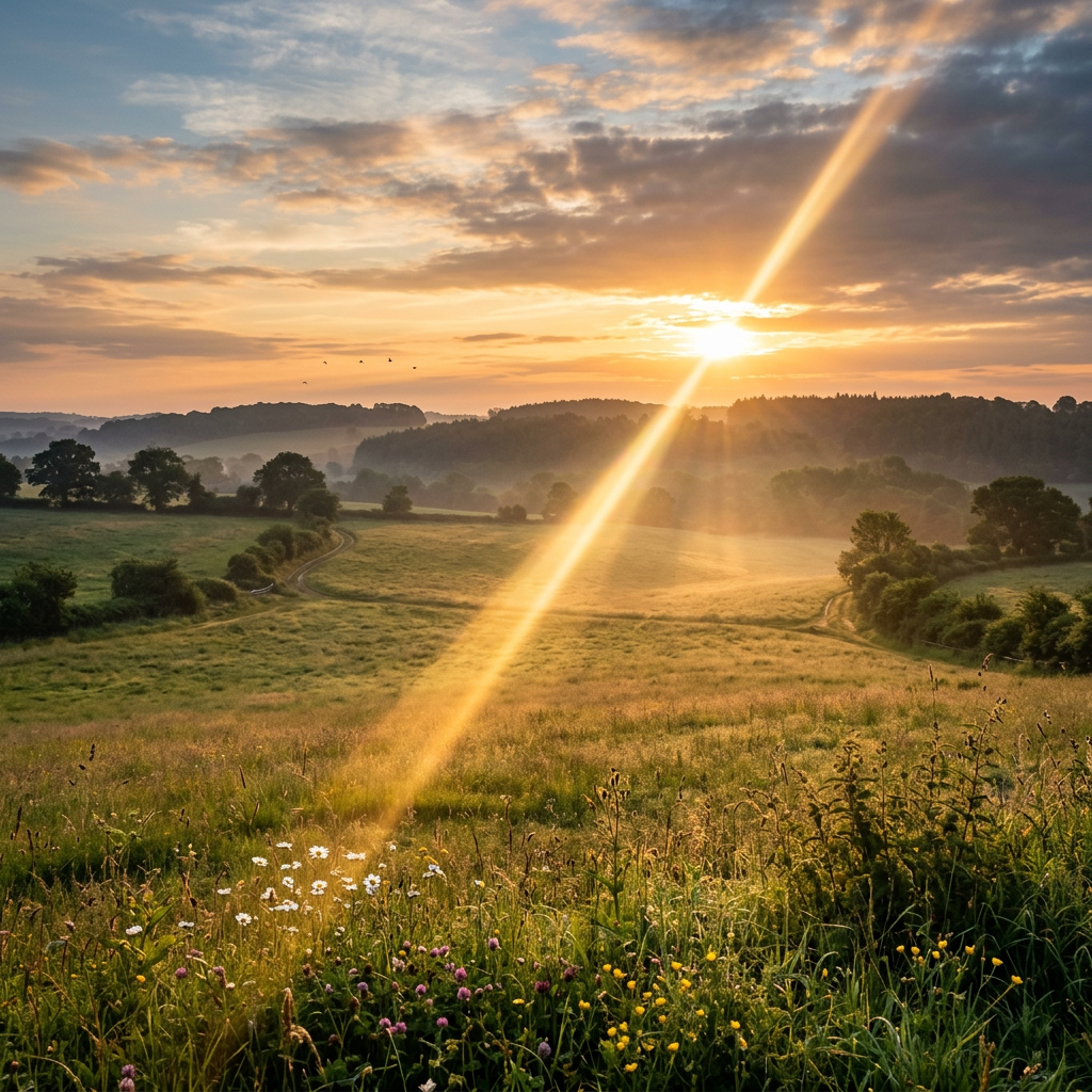 Sun shining over a green meadow with wildflowers and trees under a cloudy sky at sunrise