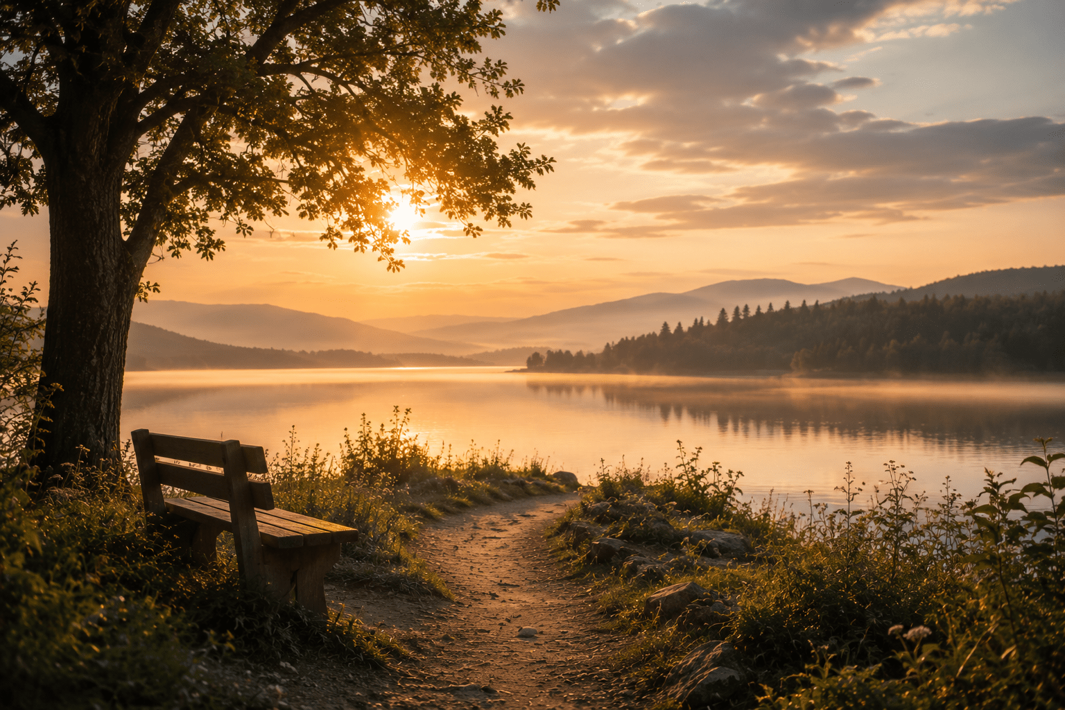 Peaceful lakeside path at sunrise symbolizing reflection, healing, personal growth, and the journey toward greater self-awareness.