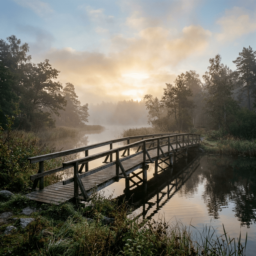 Wooden footbridge crossing a misty lake at sunrise